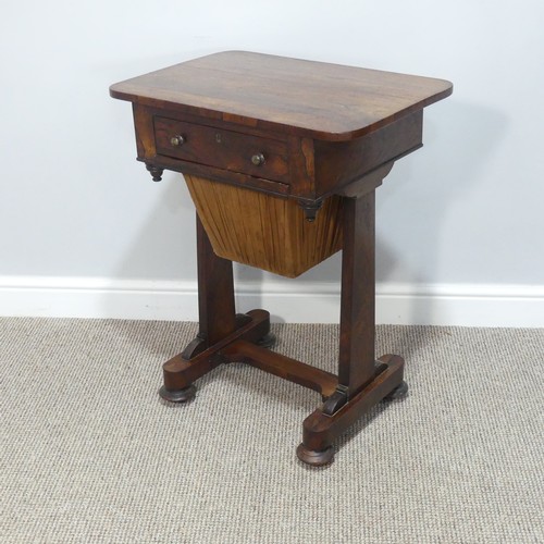 457 - A 19thC rosewood Sewing Table, with single fitted frieze drawer, and bag below, on trestle base and ... 