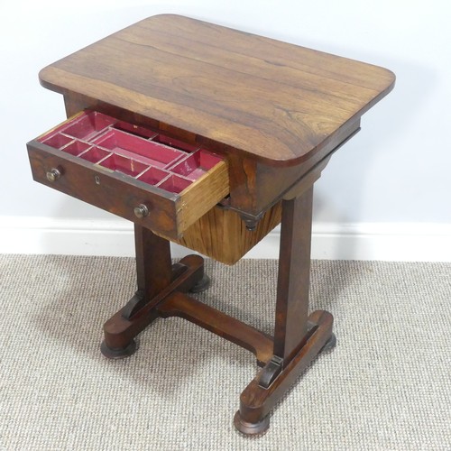 457 - A 19thC rosewood Sewing Table, with single fitted frieze drawer, and bag below, on trestle base and ... 