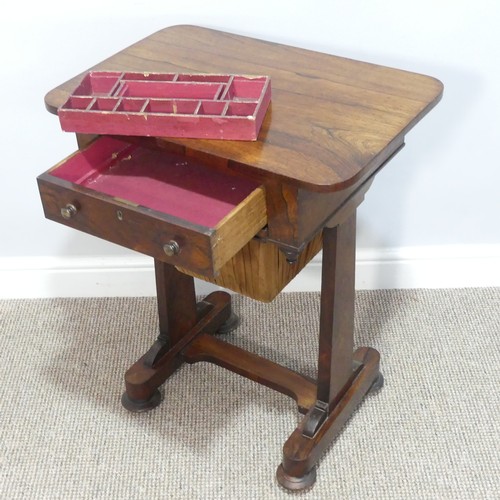 457 - A 19thC rosewood Sewing Table, with single fitted frieze drawer, and bag below, on trestle base and ... 