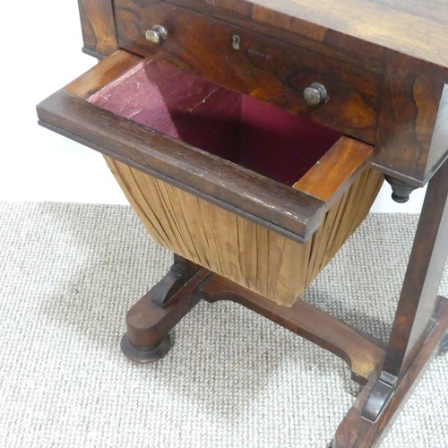 457 - A 19thC rosewood Sewing Table, with single fitted frieze drawer, and bag below, on trestle base and ... 