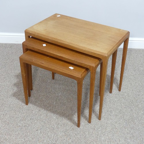 466 - A retro teak Nest of three tables by Silkeborg Denmark, with makers label under smallest table, top ... 