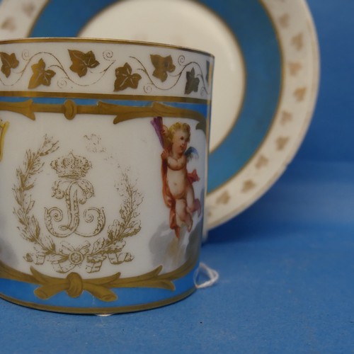 138 - A Sevres-style 'Chateau des Tuileries' Cabinet Cup and Saucer, in blue ground with gilt decoration, ... 