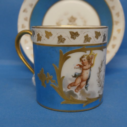 138 - A Sevres-style 'Chateau des Tuileries' Cabinet Cup and Saucer, in blue ground with gilt decoration, ... 