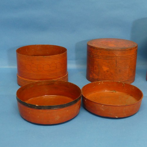 447 - An early 20thC orange lacquer Thai Tea Caddy, Diameter 21cm x H 20cm, together with another similar,... 