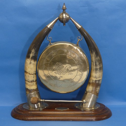 435 - A late 19thC table Gong, formed of a horns mounted on wooden base, bearing a plaque, 'Moffat Tournae... 