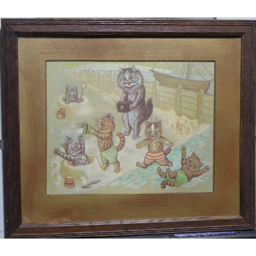 181 - Louis Wain (1860-1939), Cat chased by Crows, hand coloured print, 18cm x 12cm, framed, together with... 