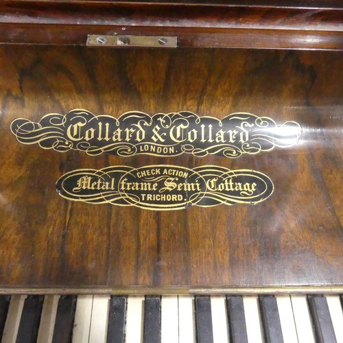 491 - A late Victorian Collard and Collard upright rosewood piano, with brass candle sconces and hinged mu... 