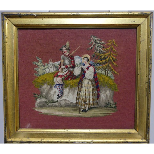 441 - A Victorian embroidered Picture, depicting a Scottish piper and dancer, in giltwood frame, overall 3... 