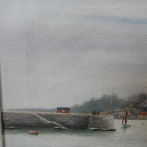 179 - Early 20th century School, Boats moored by a jetty, a coastal town in the distance, oil on canvas, 2... 