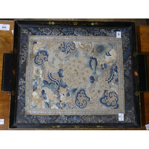 170 - An early 20th century Chinese silk embroidered panel, mounted in a two-handled wooden tray, 46cm x 3... 