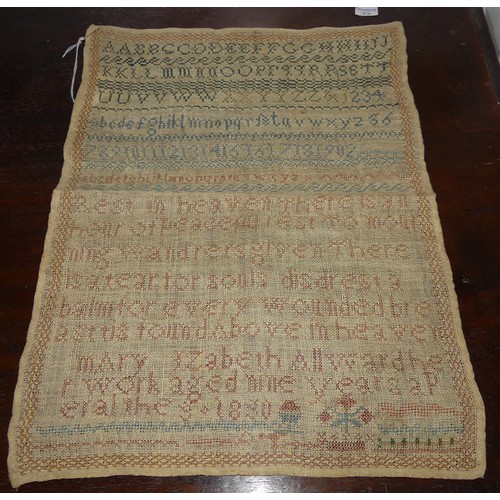 174 - An early Victorian needlework sampler, dated 1844, worked with coloured threads on a linen ground, w... 