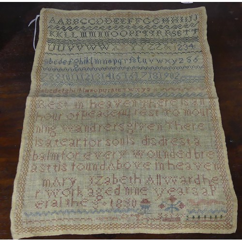 174 - An early Victorian needlework sampler, dated 1844, worked with coloured threads on a linen ground, w... 