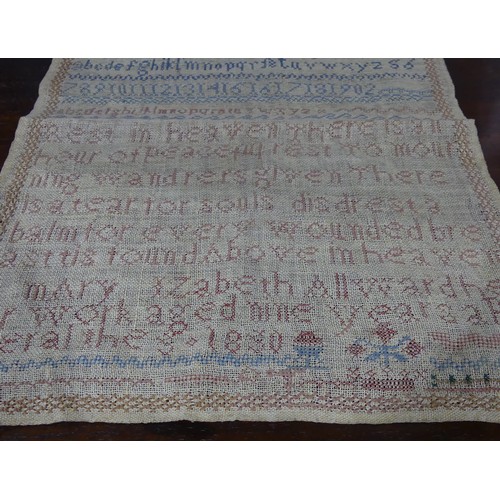 174 - An early Victorian needlework sampler, dated 1844, worked with coloured threads on a linen ground, w... 