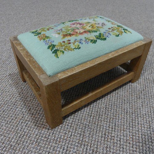 523 - A mid-20th century limed oak Footstool, with drop-in wool-work upholstered seat pad, impressed mark ... 