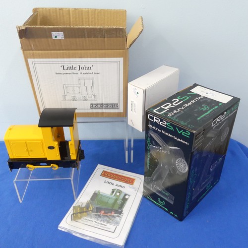 Roundhouse Model Diesel Series 'Little John' Locomotive, battery powered 16mm : 1ft scale 0-4-0 diesel, yellow, boxed with owners handbook, together with charger and radio control unit.