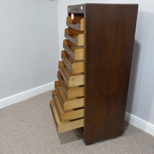 528 - An early 20thC oak pedestal Filing Cabinet, with locking full tambour front exposing the nine tray s... 