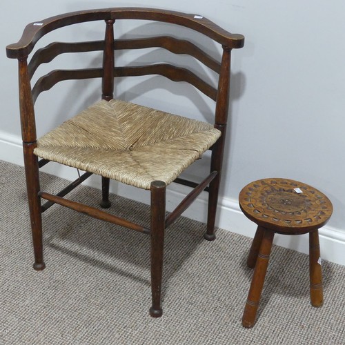 540 - An Arts and Crafts oak framed rush-seated Corner Chair, W 63cm x D 58cm x H 69cm, together with a ca... 