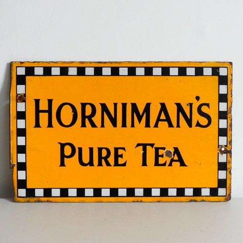 A vintage enamel 'Horniman's Pure Tea' double sided advertising sign, minor age wear, overall in good condition, good colour and shine 42cm x 27cm.