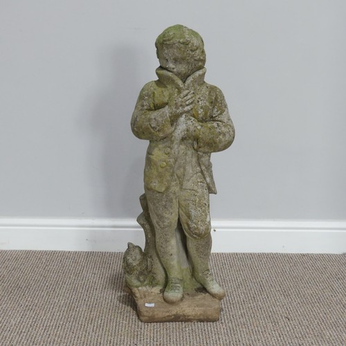 553 - Garden statuary; a reconstituted stone figure of a boy, wearing a coat leaning against a stump, H 76... 