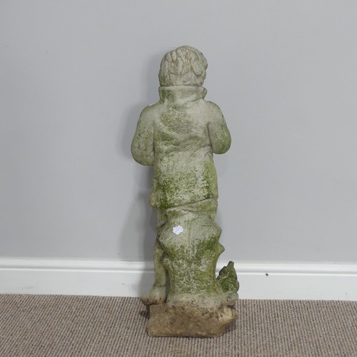 553 - Garden statuary; a reconstituted stone figure of a boy, wearing a coat leaning against a stump, H 76... 