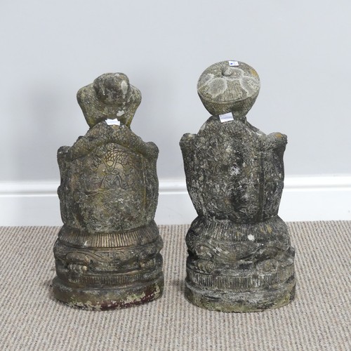 547 - Garden statuary; a pair of Oriental style reconstituted stone figures, of a man and a woman in Orien... 