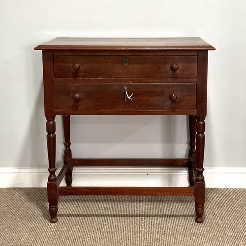 527 - An early 20thC oak Serving Table, with two long drawers, one with fitted cutlery insert, raised on t... 