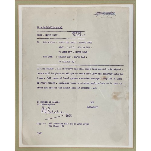 A WW2 Allied Cease Fire Order, issued on the orders of Field Marshal Montgomery at 20:50 on May 4th, the original field order in purple mimeographed ink was received by Cpl. B. Bradfield (ATS), whose name is written in pen on the top right corner, framed and glazed.