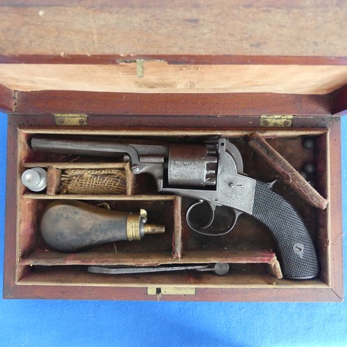 A Webley Bentley type percussion 5-shot Revolver, with 5-inch octagonal barrel, front and back sight, scroll etched action, hinged ram and two piece wood grip, overall 28.5cm long, in fitted mahogany case with powder flask and bullet-making tool, etc. Section 58(2) Antique /obsolete calibre, can be owned without a licence.