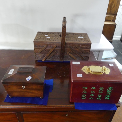 532 - A 20thC cantilever Sewing Box, with carved decoration and contents, 41cm wide, together with a wood ... 