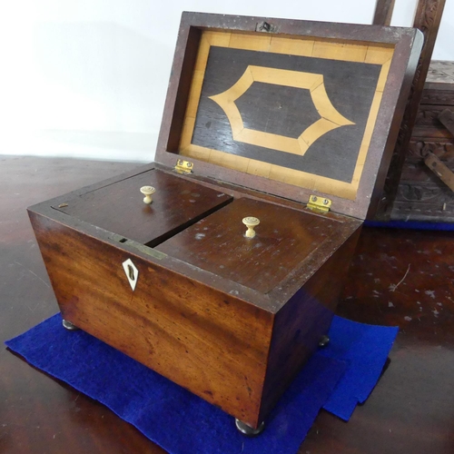 532 - A 20thC cantilever Sewing Box, with carved decoration and contents, 41cm wide, together with a wood ... 