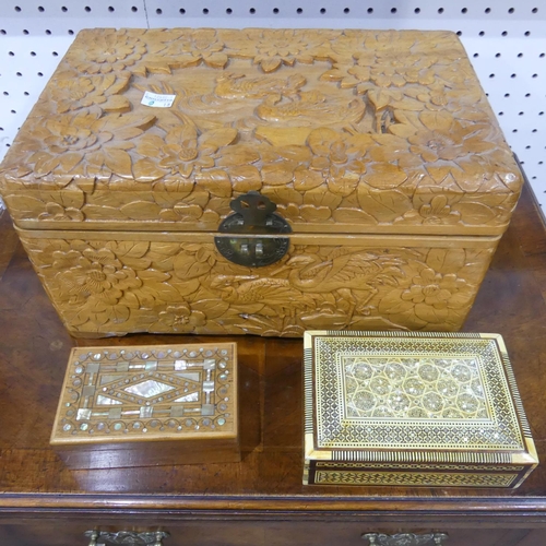 533 - An Indian inlaid wooden Occasional Table, W 41 x D 41 x H 43cm, together with a Chinese carved woode... 