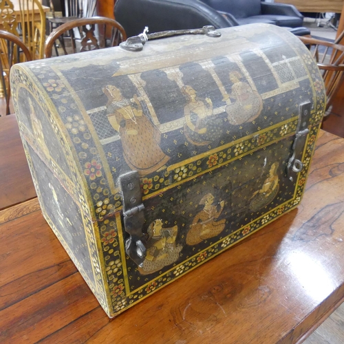 535 - An Indian painted dome-top box, decorated with seated figures in different landscapes, the inside li... 