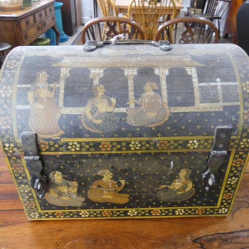 535 - An Indian painted dome-top box, decorated with seated figures in different landscapes, the inside li... 