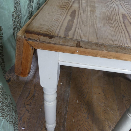 539 - A Victorian painted pine Side Table, with frieze drawer and scrubbed pine fold-out top raised on tur... 