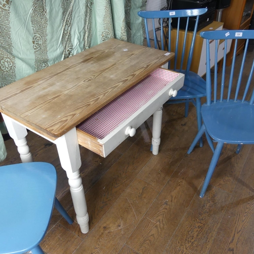 539 - A Victorian painted pine Side Table, with frieze drawer and scrubbed pine fold-out top raised on tur... 