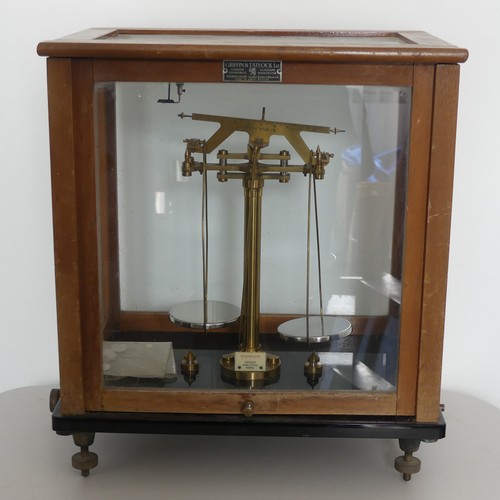 103 - A set of antique technical scales in glazed case, Griffin & Tatlock Ltd,  H 41cm x 27cm x 37cm... 