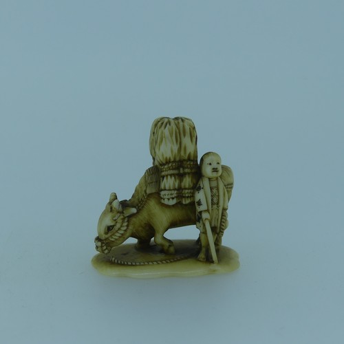 545 - An antique Japanese Ivory Netsuke, depicting a figure leading a laden water buffalo, no signature, 3... 