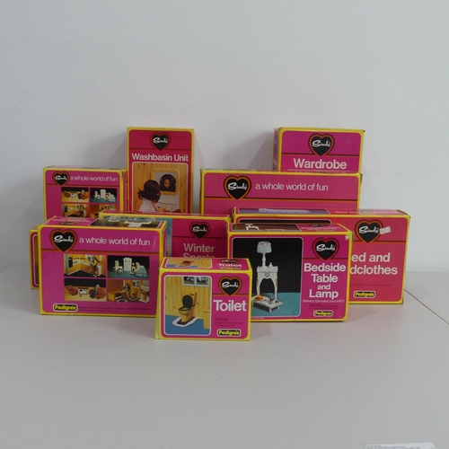 209 - 11 Boxed Sindy Accessories including: Camping Scene, Winter Sports, Rocker, Bath, Wardrobe, Toilet, ... 