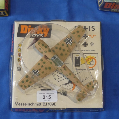 215 - Three boxed Dinky die-cast model Aircraft, comprising a 726 Messerschmitt B.f 109E, a 730 US Navy Ph... 