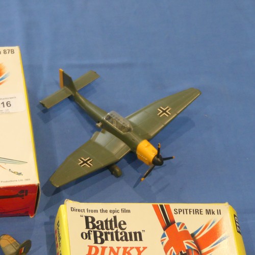 216 - Two boxed Dinky Battle of Britain diecast model Aircraft, comprising a 719 Spitfire MkII and a 721 J... 