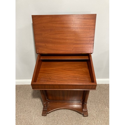 334 - A reproduction mahogany Davenport, with touled leatherette inset, above four drawers and turned supp... 