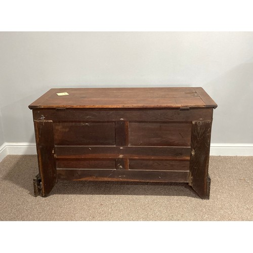 339 - A late 18thC oak Mule Chest, with hinged lid opening to reveal a large compartment, the front with t... 