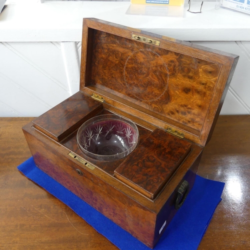 346 - A Georgian burr walnut Tea Caddy, of rectangular form, with hinged lid opening to reveal a cut glass... 