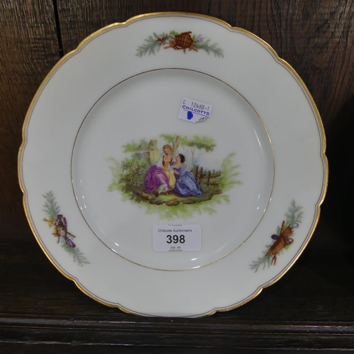 3 - Ten Continental porcelain dessert plates, with gilt scalloped edge, decorated to centre with figures... 