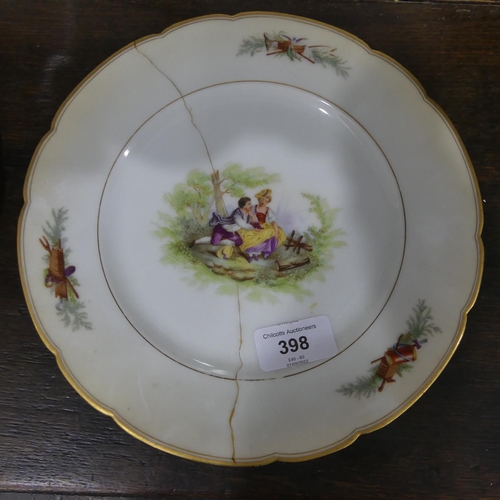 3 - Ten Continental porcelain dessert plates, with gilt scalloped edge, decorated to centre with figures... 