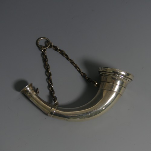 A Victorian novelty silver Vinaigrette / Scent Bottle, by Sampson Mordan, hallmarked London, 1874, in the form of a horn, the hinged cover opening to reveal gilt interior with foliate pierced grille, the 'mouthpiece' end unscrewing as the scent bottle cap, with suspension chain and ring, 11cm long, approx total weight 2.17ozt.