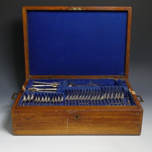 386 - A brass bound oak Canteen of silver plated Cutlery, fiddle, thread and shell pattern, with lift out ... 