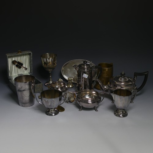 421 - A quantity of Silver Plate, including tea set, presentation goblet, beaker, bottle coaster, muffin d... 