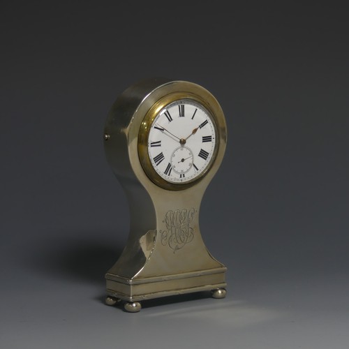 430 - An Edwardian silver mounted Mantle Clock, makers mark rubbed, hallmarked Birmingham, 1906, of balloo... 