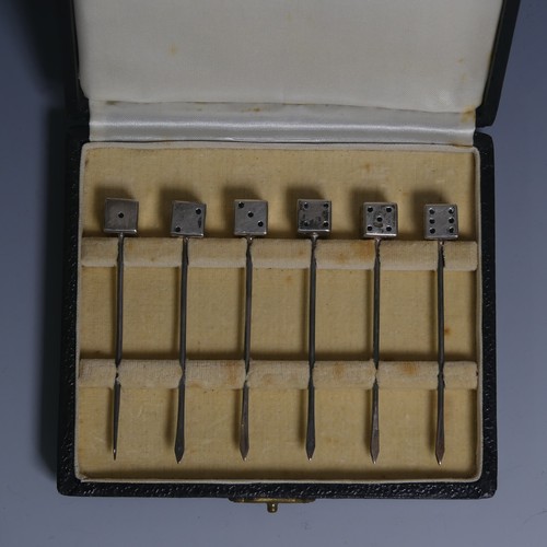 444 - A cased set of six vintage silver Cocktail Sticks, the finials modelled as dice, each marked on the ... 